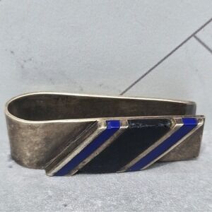 Vintage Mexico 925 Sterling Silver Money Clip Blue Black Inlay Modernist 22.6g